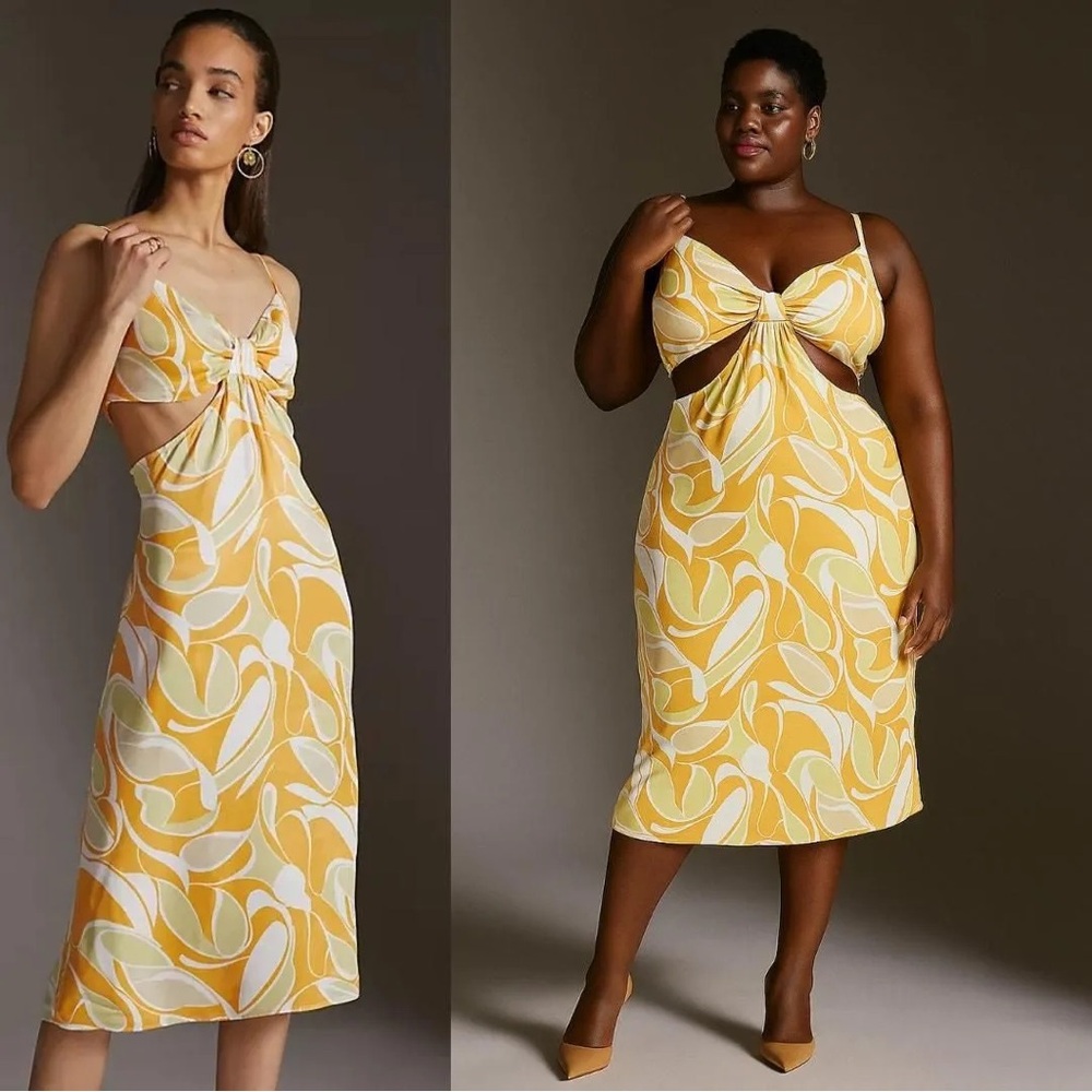 Anthro Cut Out Printed Slip Midi Dress 1X NWT Tangerine Orange Pistachio Green